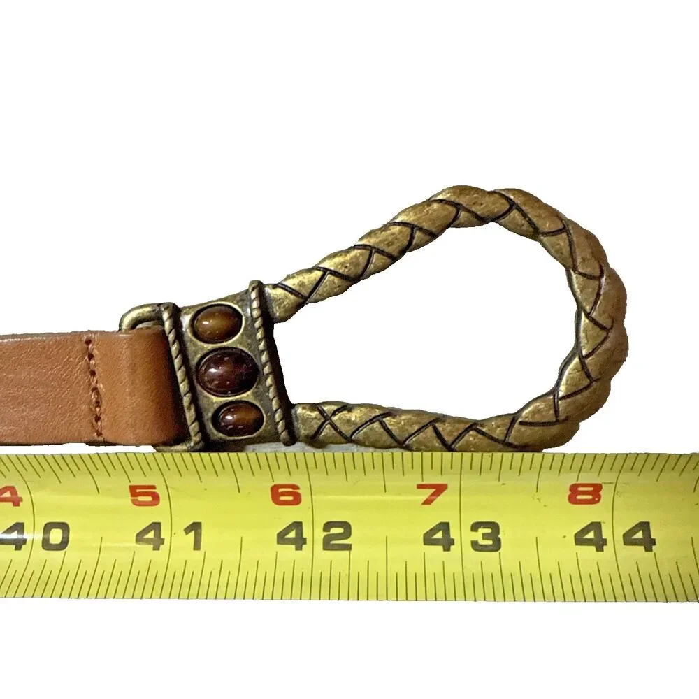 CHICO'S Leather & Brass Hook Buckle Belt Womens M/L Brown Gemstones Adjustable